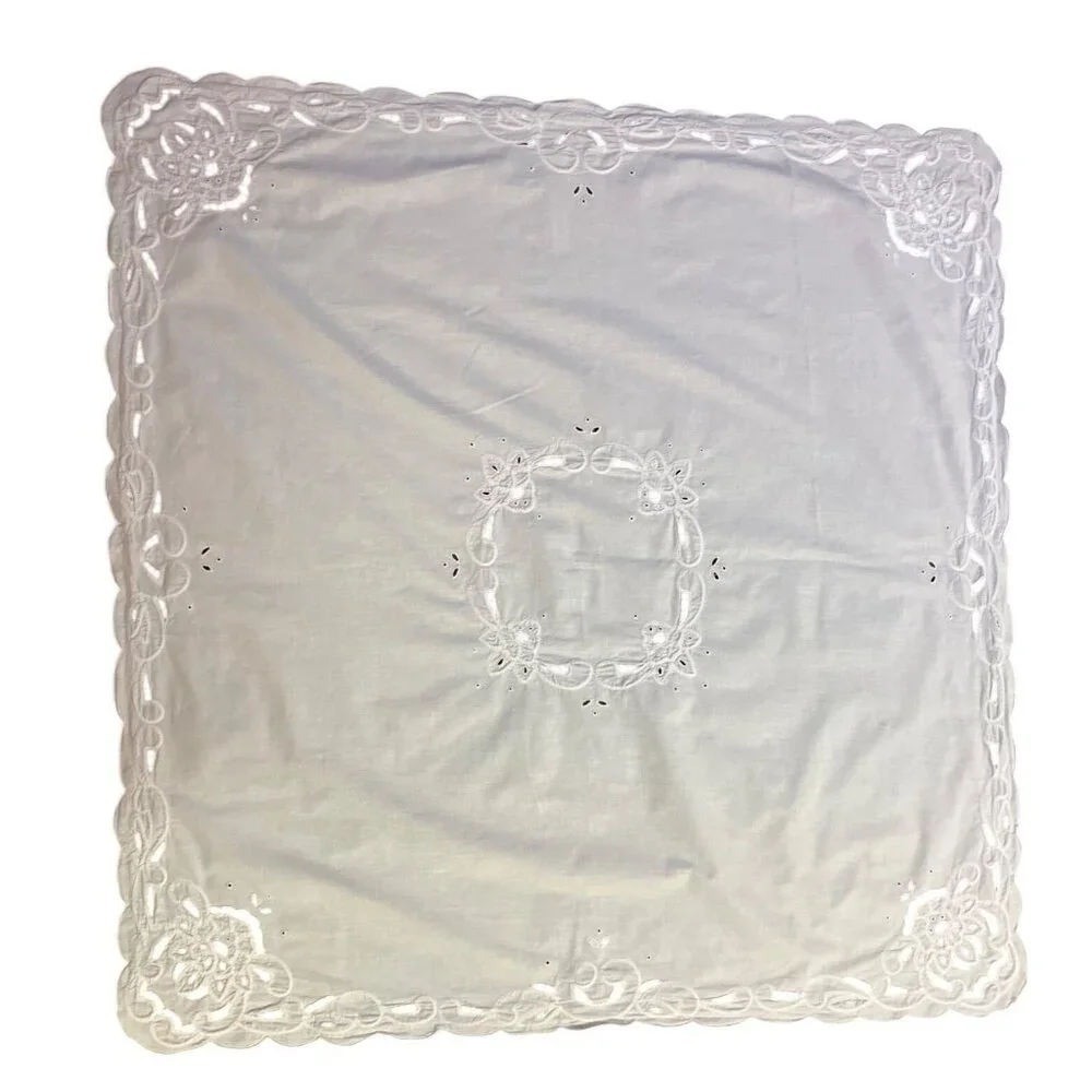 Vintage White Cutwork Embroidered Tablecloth Floral Linen Cotton Broderie Anglai
